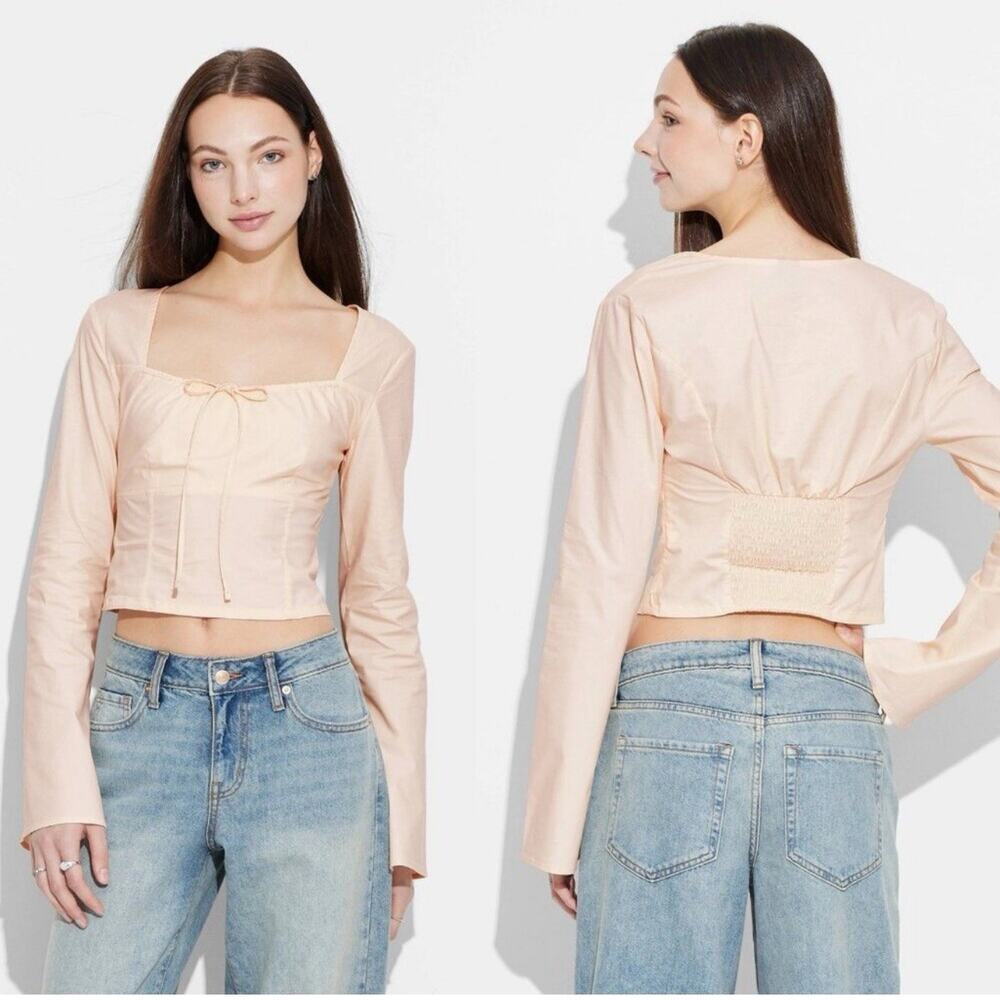 Wild Fable Blouse Womens Medium Light Pink Long Sleeve Square Neck Crop Top New